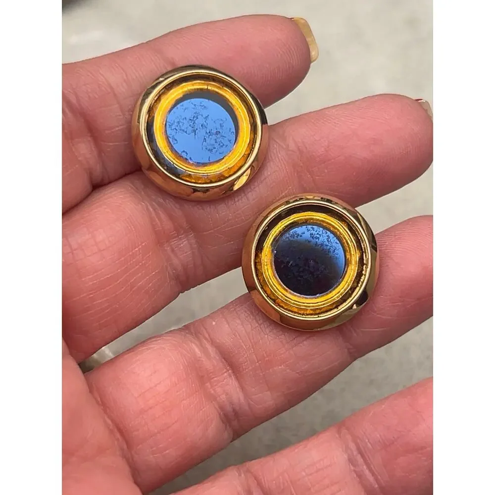 Vintage Blue Glass Gold Tone Round Cufflinks Mid-Century Men’s Jewelry